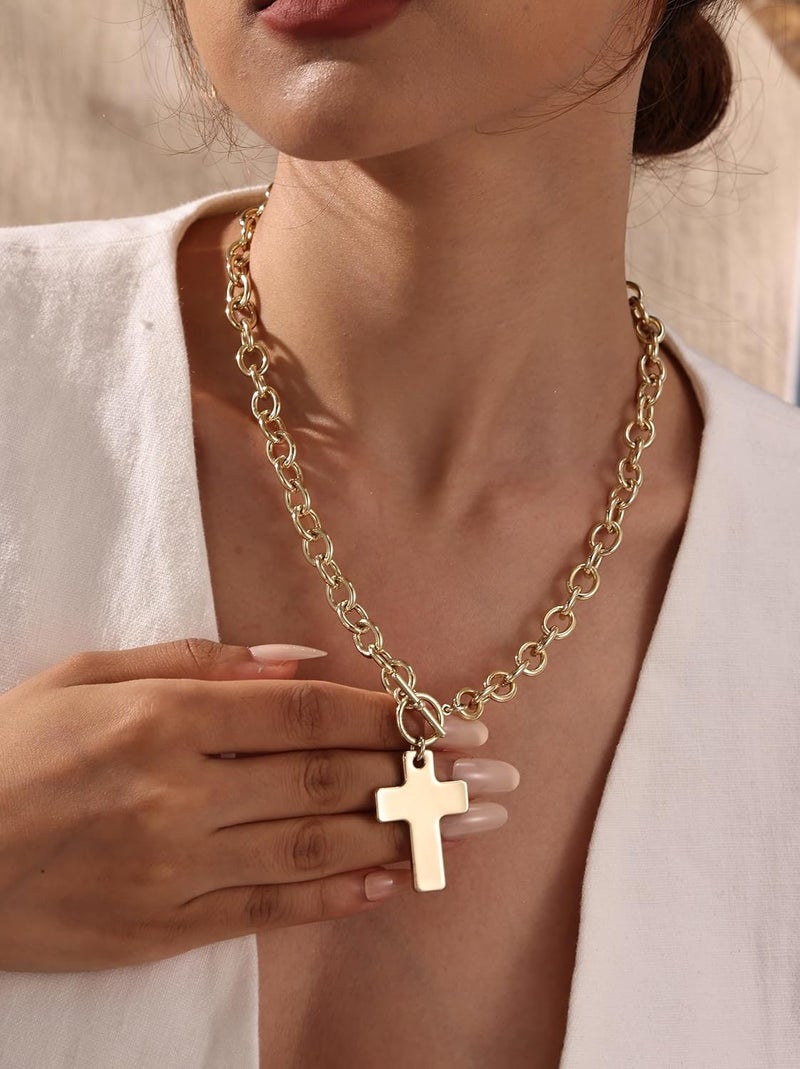 Moodear Cross Necklace for Women Trendy Chunky 14K Gold Plated/Silver Plated Cross Pendant Necklace Toggle Clasp Paperclip Chain Dainty Charm Necklace Fashion Religious Simple Jewelry Christian Gifts for Women - Image 3